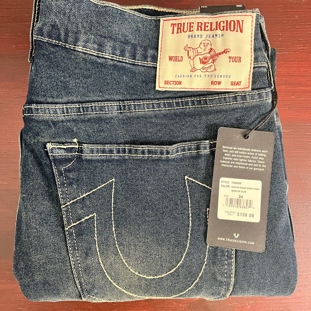 True Religion Geno Sn Slim Medium Amber Nights Wash Stitch Size 34x32 New $159
